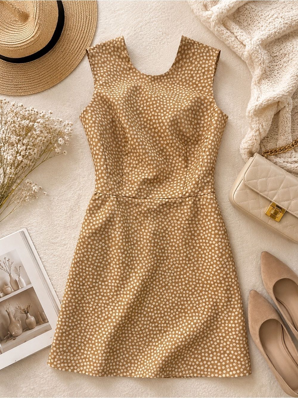 Karen Walker Polka Dot Bow Back Dress Tan & White Size 4
